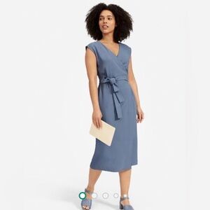 Everlane Japanese GoWeave Short-Sleeve Wrap Dress Dusty‎ Blue Classic Office